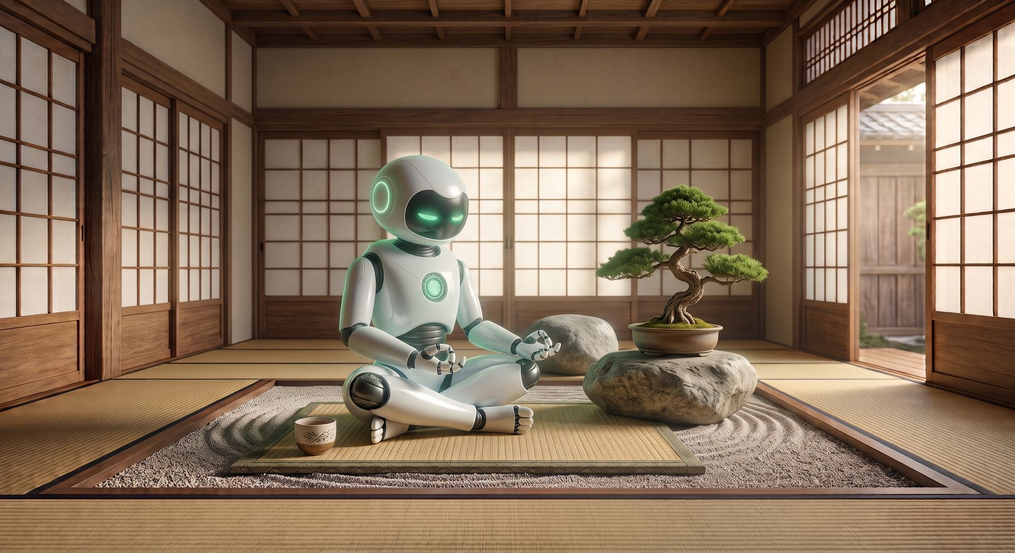 Robot Bodhi meditando en un espacio zen