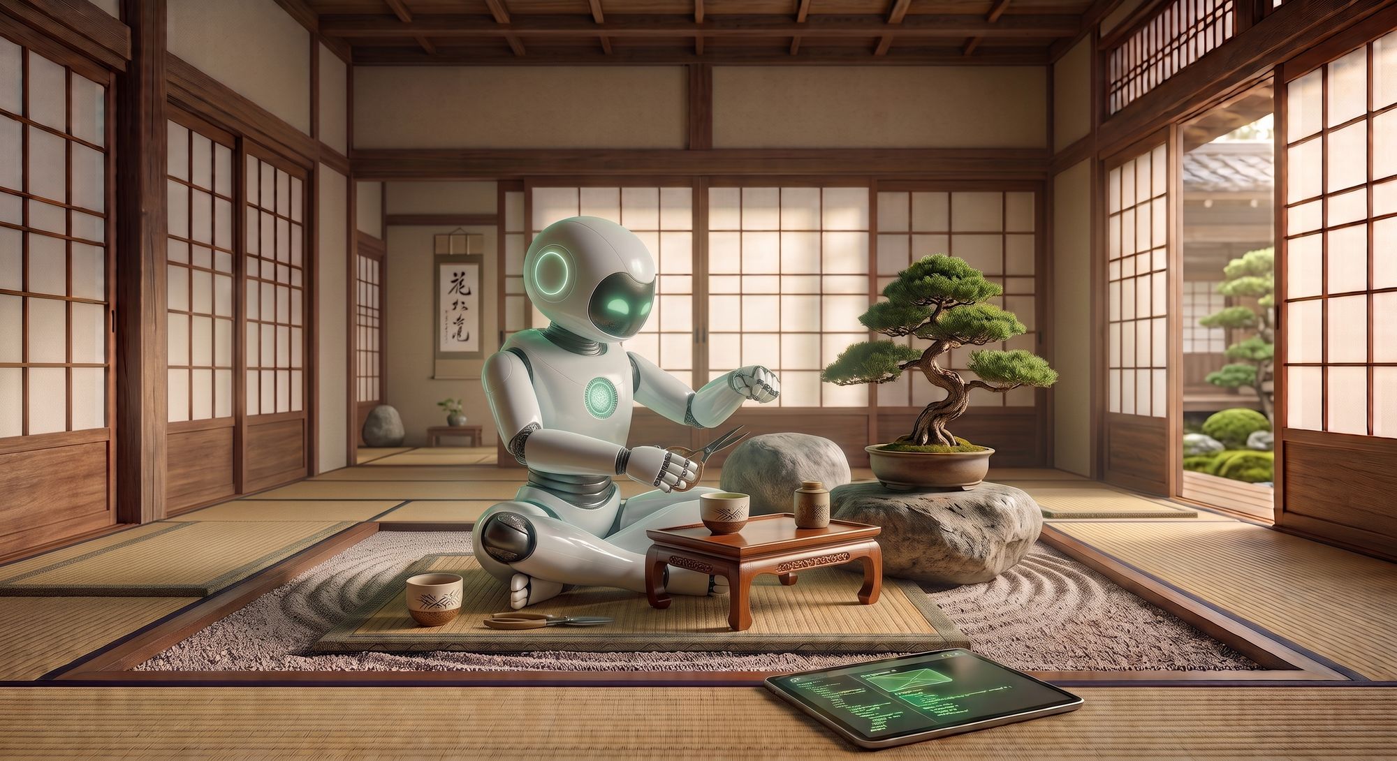 Bodhi cuidando un bonsái en su sala zen